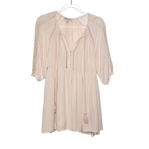 HEARTLOOM Peasant Mini Dress Crochet-Trim A-Line Tassel Tie Pastel Pink Size S